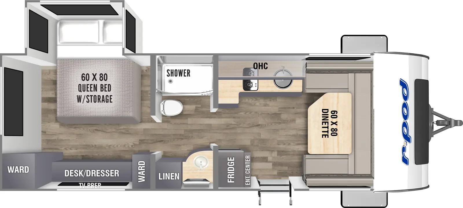 The RP-204 has one slideout and one entry. Interior layout front to back: U-shaped dinette; door side entry, entertainment center and refrigerator; off-door side kitchen counter with sink and cooktop, and overhead cabinet; split full pass-thru bathroom with linen closet; rear bedroom with off-door side queen bed slideout with storage, and door side desk/dresser with TV prep above, and wardrobes on each side.